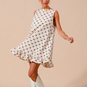 SO ME Texture Bow Printed Mini Ruffle Dress